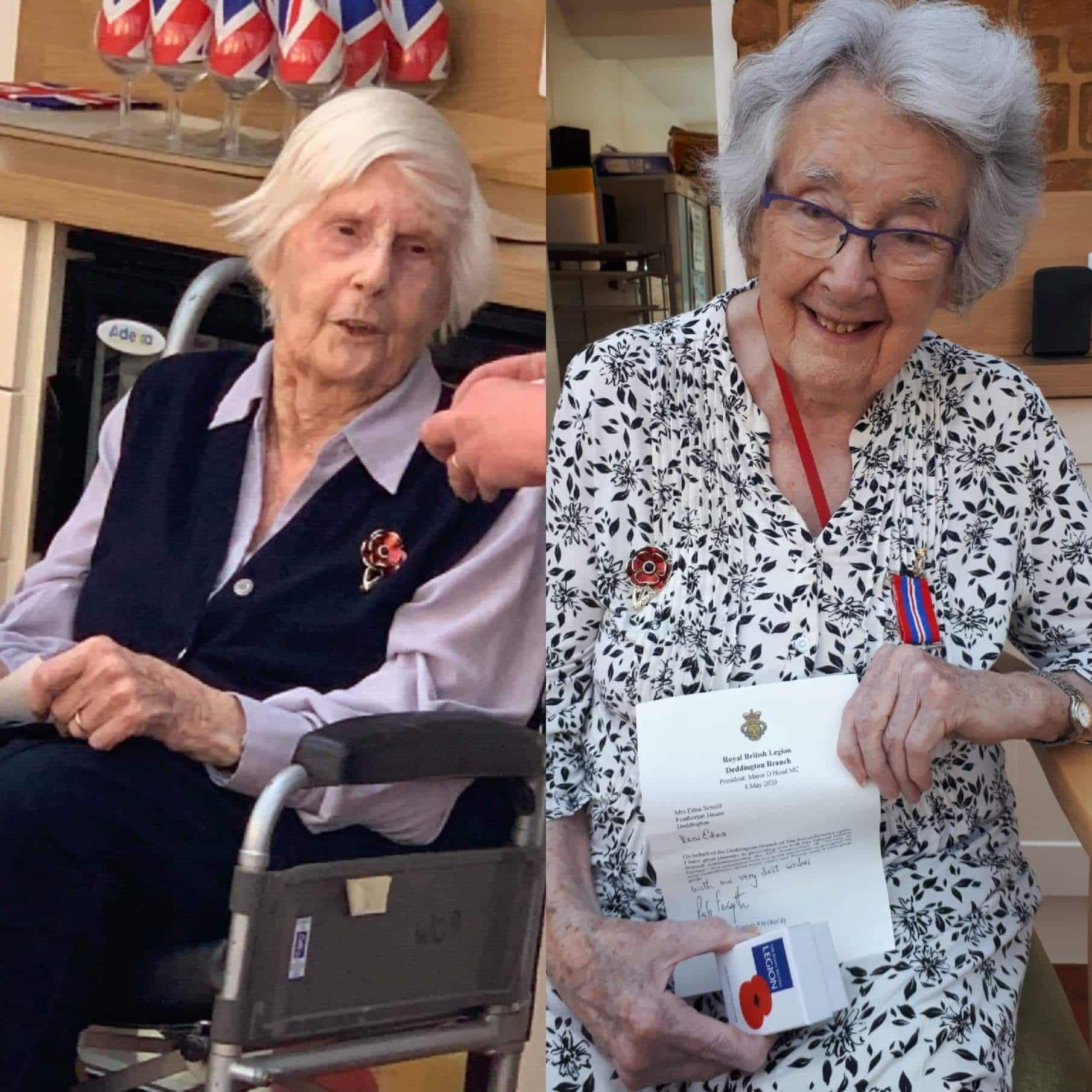 Featherton House Care Home residents Margery Hawes and Edna Sewell are honoured by the Deddington Branch of the Royal British Legion on VE Day.