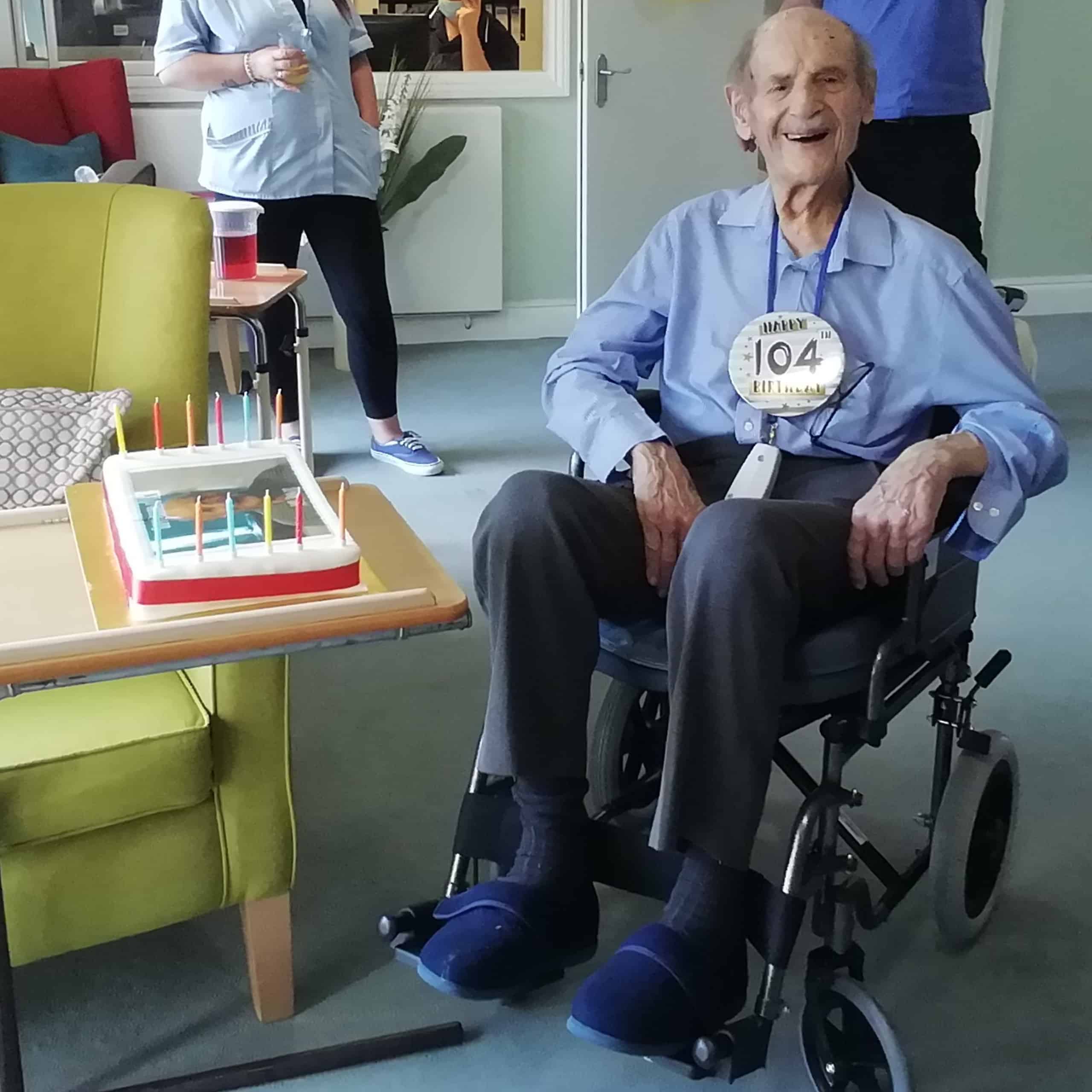 Patcham Nursing Home resident Len Goldman with his personalised cake on his 104th birthday.