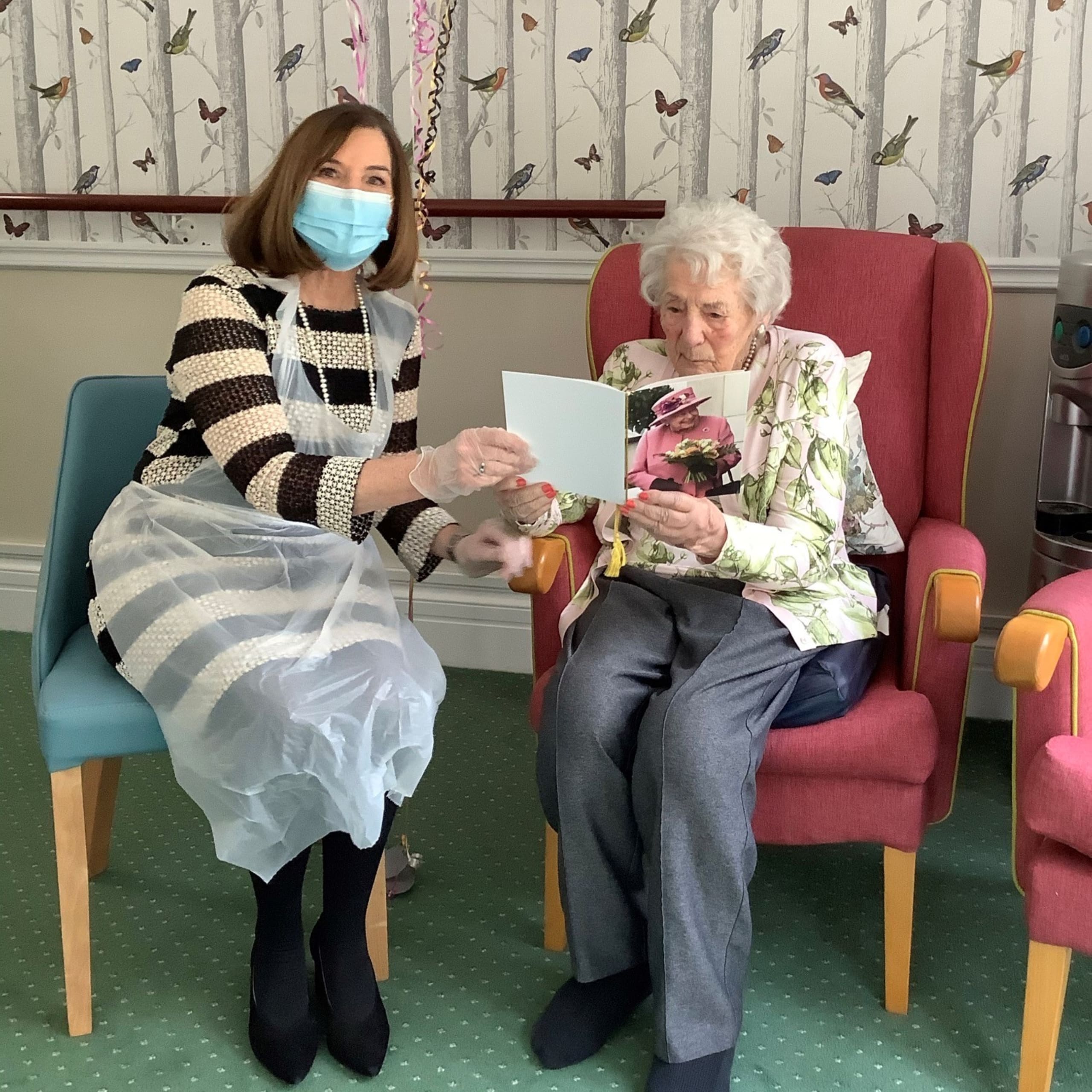 Westerham Place Care Home resident Joan Collier on her 100th birthday with her daughter Carolyn Guiness